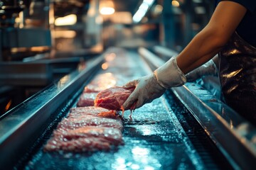 Fototapeta premium Meat factory worker collecting packaged meat from a conveyor belt in a bright environment