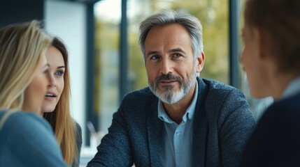 A business meeting with engaged participants discussing ideas in a modern office setting.