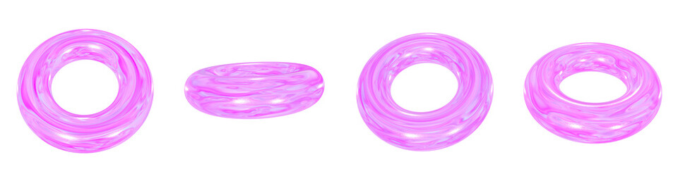 Set of 4 3d iridescent torus isolated on a transparent background. Pink tone. 3d elements for graphic design.