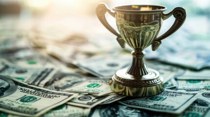 A trophy resting on a bed of cash symbolizes success and wealth.