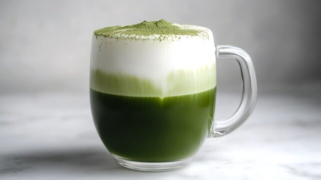 luxurious matcha green tea latte with dancing layers of rich green and white milk, premium glass vessel, artisanal beverage photography, bright natural lighting, pristine white surface