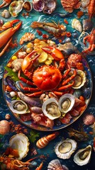 Seafood cuisine plate as an ocean gourmet dinner background. crab, seashells, oysters, shrimp and other seafood delicacies. seafood. 