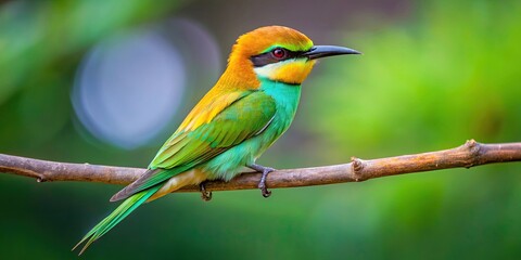 Obraz premium Colorful Asian green bee-eater perched on a branch, bird, Sri Lanka, Asia, green, bee-eater, Merops orientalis, little