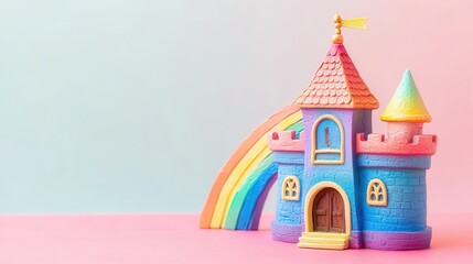 Fototapeta premium A colorful toy castle with a rainbow beside it, set against a pastel background, creating a whimsical and playful atmosphere.