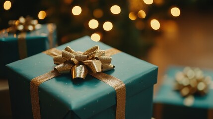 Festive Blue Gift Boxes with Golden Bows Near Christmas Tree Lights
