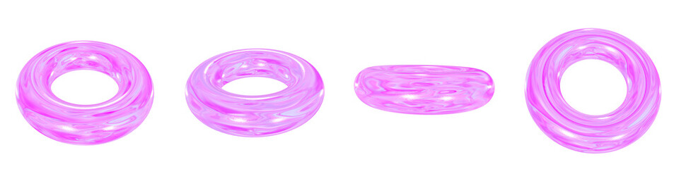 Set of 4 3d iridescent torus isolated on a transparent background. Pink tone. 3d elements for graphic design.