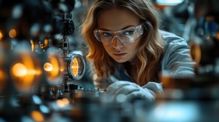 Focused scientist woman examining equipment with precision in a lab environment.
