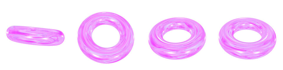 Set of 4 3d iridescent torus isolated on a transparent background. Pink tone. 3d elements for graphic design.