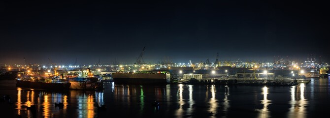 shipyard dry dock maintenance and repair container ship transport and oil ships in sea, business...