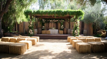 Obraz premium Hay bale chairs are set up around a wooden altar covered in flowers and greenery in this outdoor rustic wedding scene.