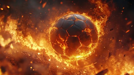 Naklejka premium A soccer ball surrounded by roaring flames flies through the air, capturing the intensity of the game and a dynamic sense of motion.