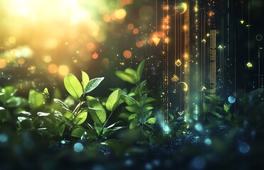 Lush Green Foliage Illuminated By Digital Data Streams