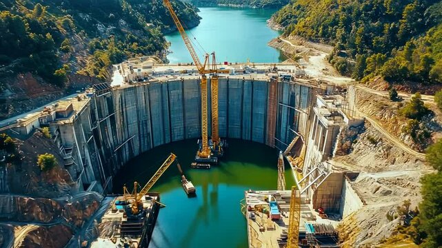 Aerial view of a large dam project, with multiple construction phases visible. Engineers oversee the work, while cranes and bulldozers shape the surrounding terrain.