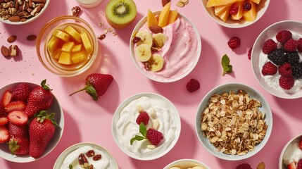 Colorful bowls of yogurt topped with fruits and granola on a pink background.