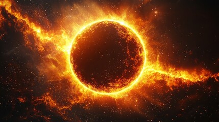 Realistic total solar eclipse with shining star, lens flare light overlay effect on black background. 