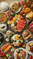 Top view table full of delicious food composition delicious popular foods item. food vectors. Ultra realistic. Photorealistic