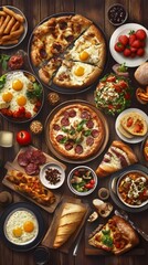 Top view table full of delicious food composition delicious popular foods item. food vectors. Ultra realistic. Photorealistic