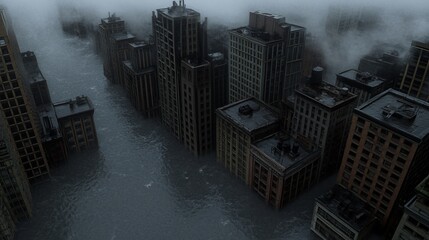 A flooded cityscape with fog, creating a gloomy and eerie atmosphere. The buildings are submerged in water, suggesting a disaster or environmental change.