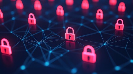 Vast glowing network with locked nodes illustration