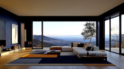 Modern living room with panoramic ocean views. A sectional sofa is the centerpiece,  bathed in warm sunlight.