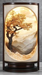Intricate carved lamp depicting a serene landscape with a tree silhouetted against a misty mountain range. Warm, inviting light illuminates the scene.