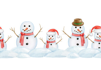 Cute funny snowmen in snow seamless border decor element on white background. Hand drawn illustration traditional winter outdoor decoration. Perfect for winter season mood design