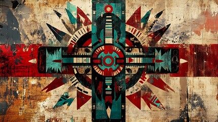 A bold abstract design featuring Native American patterns and Mesoamerican calendar motifs on a weathered wall texture