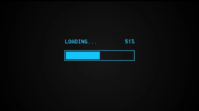 8-bit pixel vintage blue loading bar. Loading bar 0 to 100. Status bar showing loading process on black background.