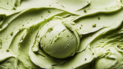 Obraz premium closeup of fresh matcha green tea ice cream texture, soft creamy surface, organic swirls pattern, artisanal gelato, fine granular detail, food photography, frosty cold dessert, mint sage color palette