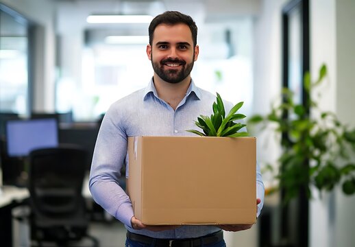 Happy smiling man holding a box with a plant inside