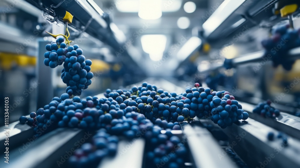 Poster Grapes are gathered in a high-tech winery, showcasing innovative equipment designed for efficient sorting and processing. This modern approach emphasizes natural winemaking methods.