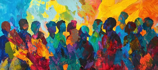 Colorful abstract painting of silhouettes of people in vibrant hues, symbolizing unity and diversity in a community gathering or festival.