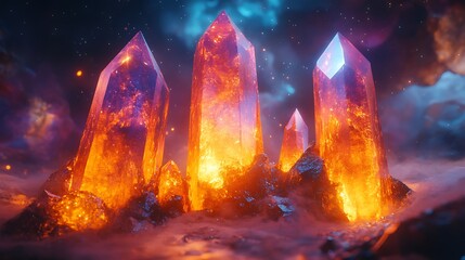 Faceted crystals with glowing holographic patterns and sharp prismatic edges suggesting elegance and refinement