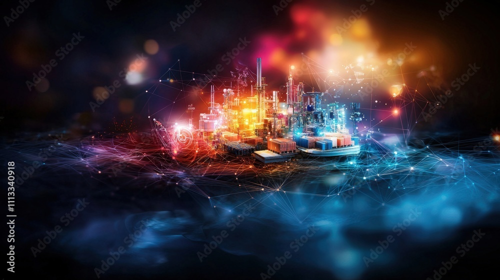 Poster dynamic supply chain network visualization digital realm graphic art futuristic environment aerial v