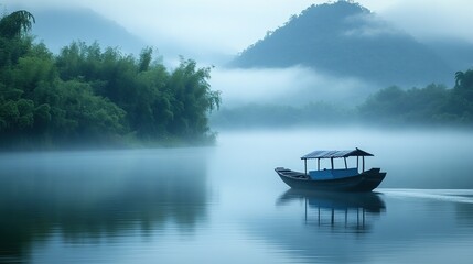 Fototapeta premium Serene Misty Lake Landscape with a Boat