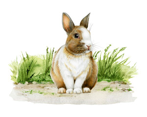 Cute little bunny siting on grassy ground painted illustration. Hand drawn rabbit vintage style image. Small bunny wildlife and domestic mammal sitting green grass background