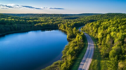 Fototapeta premium A dramatic aerial shot of a winding road beside a serene lake, surrounded by lush green forests under a clear blue sky