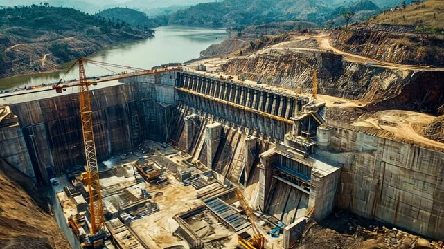 Aerial view of a large dam project, with multiple construction phases visible. Engineers oversee the work, while cranes and bulldozers shape the surrounding terrain.