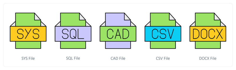 A set of files icons as sys file, sql file, cad file