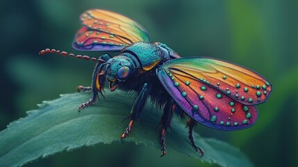 Fototapeta premium Vibrant Jewel Scarab Beetle on Leaf: A Masterpiece of Nature's Art