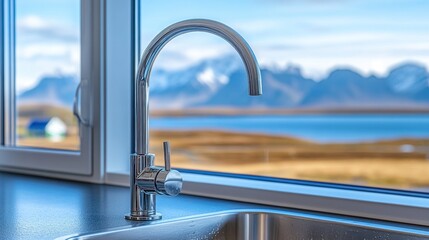 Obraz premium Modern Kitchen Sink with Stunning Mountain Lake View