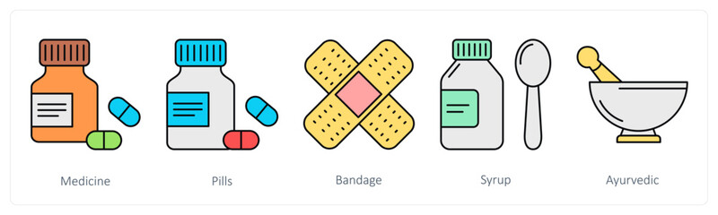 A set of health icons as medicine, pills, bandage