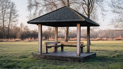 Wooden Gazebo With Bench In A Grassy Field