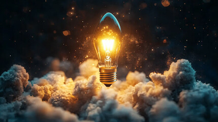 glowing light bulb shaped like a rocket launches upward symbolizing innovation creativity business growth success and forward thinking set against a vibrant gradient background