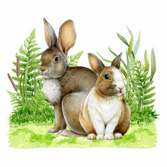 Cute bunny couple hand drawn watercolor illustration a on fresh green spring grass, in a charming vintage style. Perfect for Easter themes, greeting cards, seasonal festive decor and holiday projects