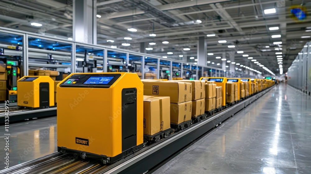 Poster Aerial view of robotic sorting automation in a modern warehouse distribution center