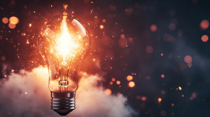 glowing light bulb shaped like a rocket launches upward symbolizing innovation creativity business growth success and forward thinking set against a vibrant gradient background