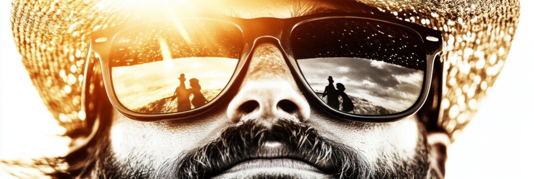A man with a mustache and sunglasses reflects on a sunny beach day. Warm tones, summer vibes.