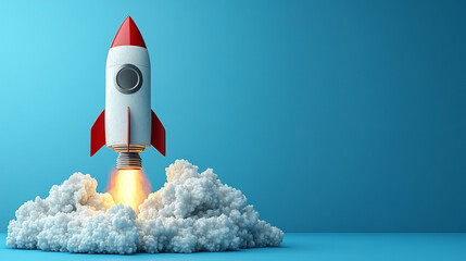 glowing light bulb shaped like a rocket launches upward symbolizing innovation creativity business growth success and forward thinking set against a vibrant gradient background