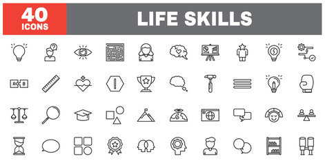 Set of 40 line icons life skills. Outline icon collection. Editable stroke. Vector illustration.